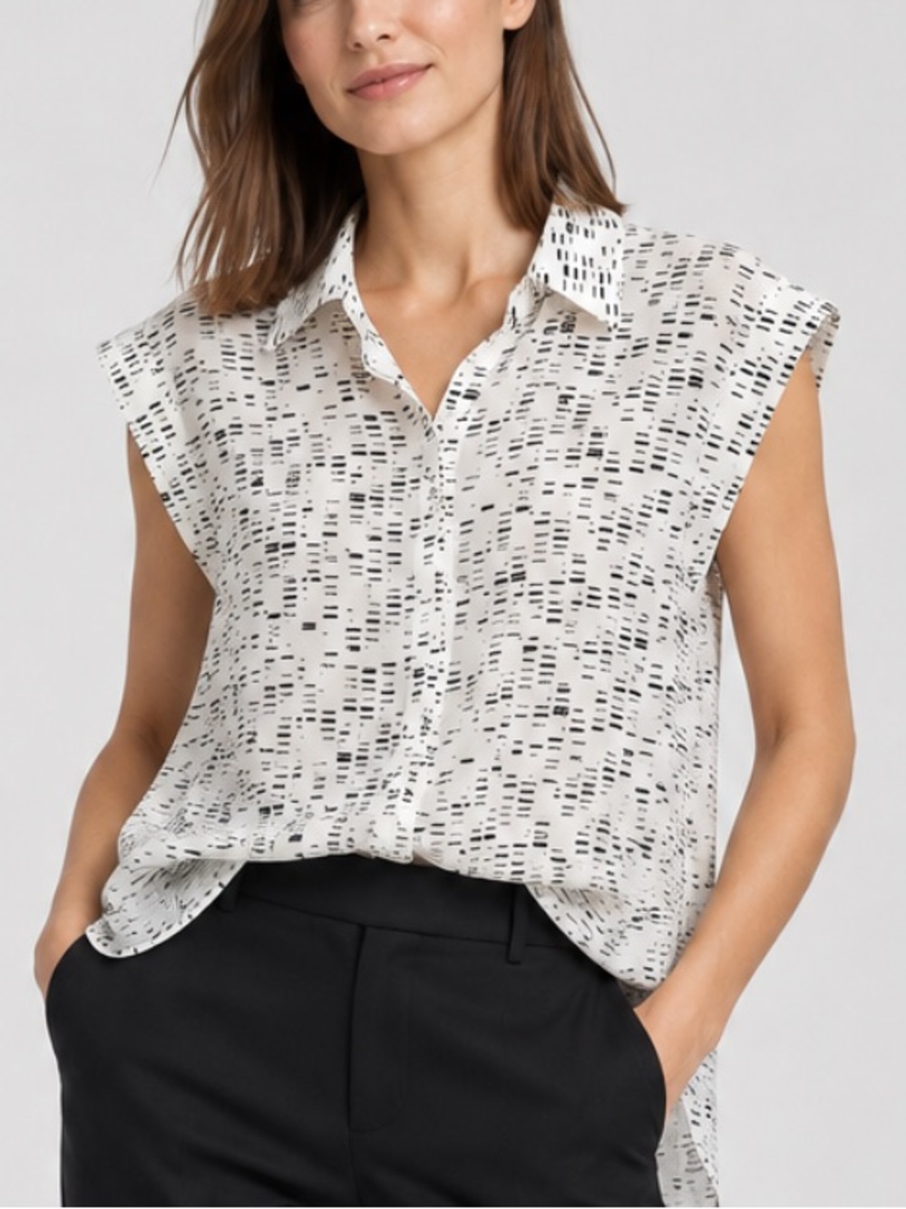 Alexis Dash Print Cap Sleeve Button Down Shirt in Cream and Black